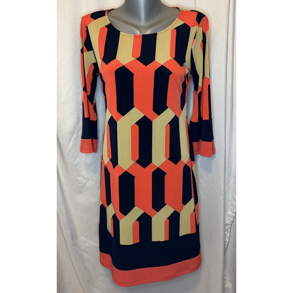 En Focus Studio Geometric Sheath Dress Sz 8 Retro Vibe 3/4 Bell Sleves Mod
